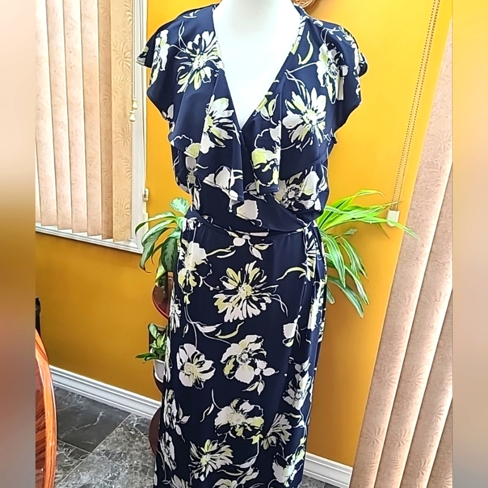 Soho Women's Floral Open Front Navy Blue/Lime/White Dress Size L Vacation Coasta